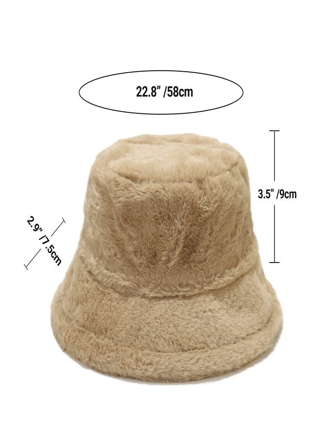 Umeepar Winter Faux Fur Fuzzy Bucket Hat Fluffy Warm Hat for Women Men (Plain Khaki) - Image 5